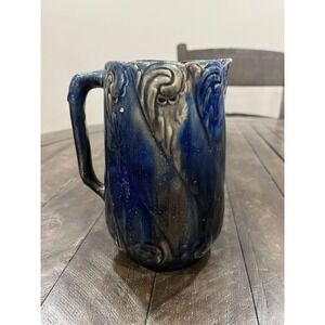 Antique English Majolica Cobalt Blue Floral Design Handle Pitcher‎